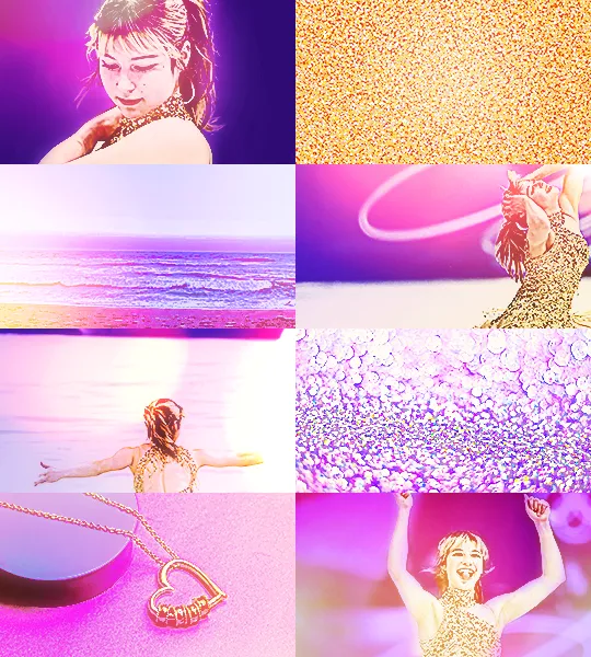 pic spam collage of stock photos and shots of alysa liu during her olympic singles free skate. left to right for each row from the top: alysa at the start of her program, with her eyes closed and a smile on her face. an orange/golden purple-tinted pile of glitter. a beach during sunset in magenta/blue/golden tones. alysa during her program with her hands on her head thrown back and on her knees. alysa with her arms wide out and her back to the camera as she skates. a purple golden-tinted pile of glitter. a golden heart locket laid out on a circular stand against a pink backing. and lastly, alysa at the end of her program, her arms raised in excitement and sticking her tongue out. the whole collage's primary colors are gold, yellow, magenta, blue, and purple. there's a lot of light leaks and bright lighting, and each tone color seems to blend into the other.