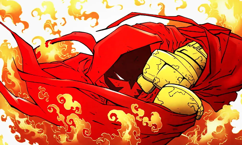panel of azrael guarding himself from an oncoming circle of fire, the colors are saturated and warm toned