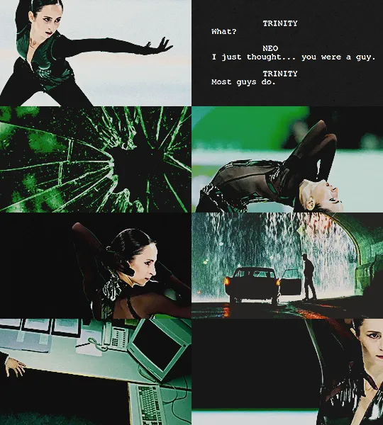 pic spam collage of stock photos and shots of sofia dzepka during her junior grand prix matrix themed free skate debut. left to right for each row from the top: sofia performing with her arms out and a determined look on her face. white text on a black background, the text being from the matrix movie script: 'trinity: what? neo: i just thought... you were a guy. trinity: most guys do.' broken glass with a central hole, the reflections and highlights being green and white against a black background. sofia leaned back while standing with her arms over her shoulder, her back arched. sofia at the beginning of her program doing the neck snap move. a man entering a car at night under a tunnel during a downpour. a still from the movie of neo's desk, focused on his computer and other office things, his hand at the edge of the image. sofia with her elbow bent and her hand by her face as she skates, half her face out of frame. the collage's primary colors are black, white, and green, with grain-y textures and sharp edges along each line.