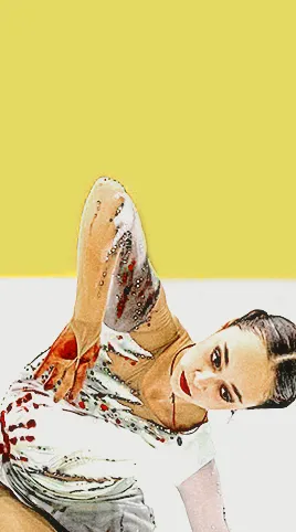 inga gurgenidze posing during her 2023 free skate, with a lot of negative space that is colored yellow