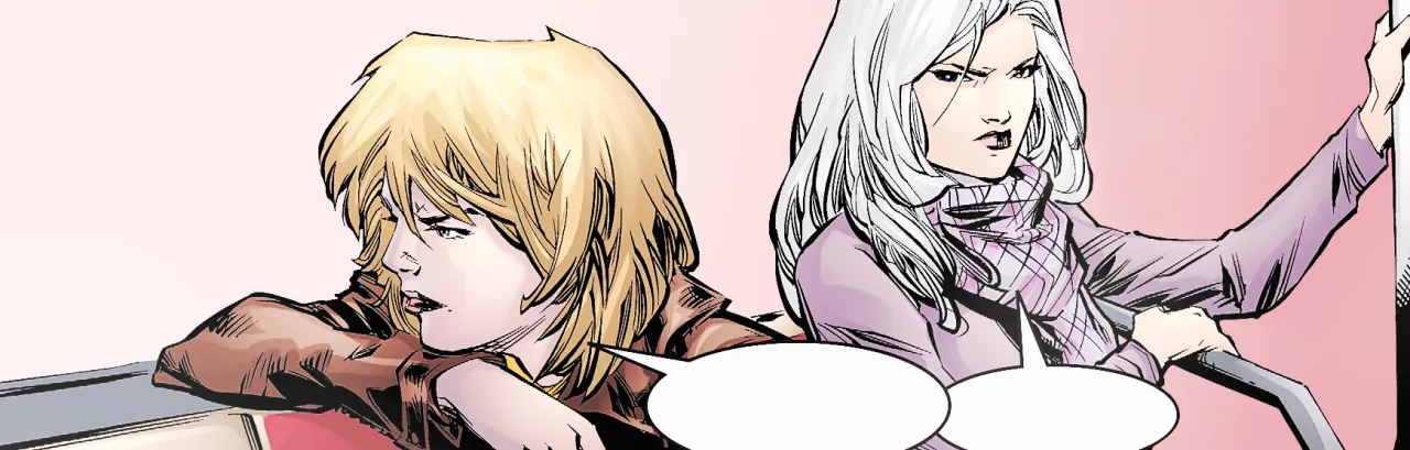 edited deathstroke 2016 panel showing rose and tara on a subway together, rose grasping a subway pole and tara leaning on the back of the seat and looking away from rose, who is scowling in her direction. the background is a light to dark pink gradient