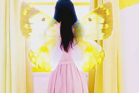 akiyama mao from behind in front of a window, butterfly wings on her back